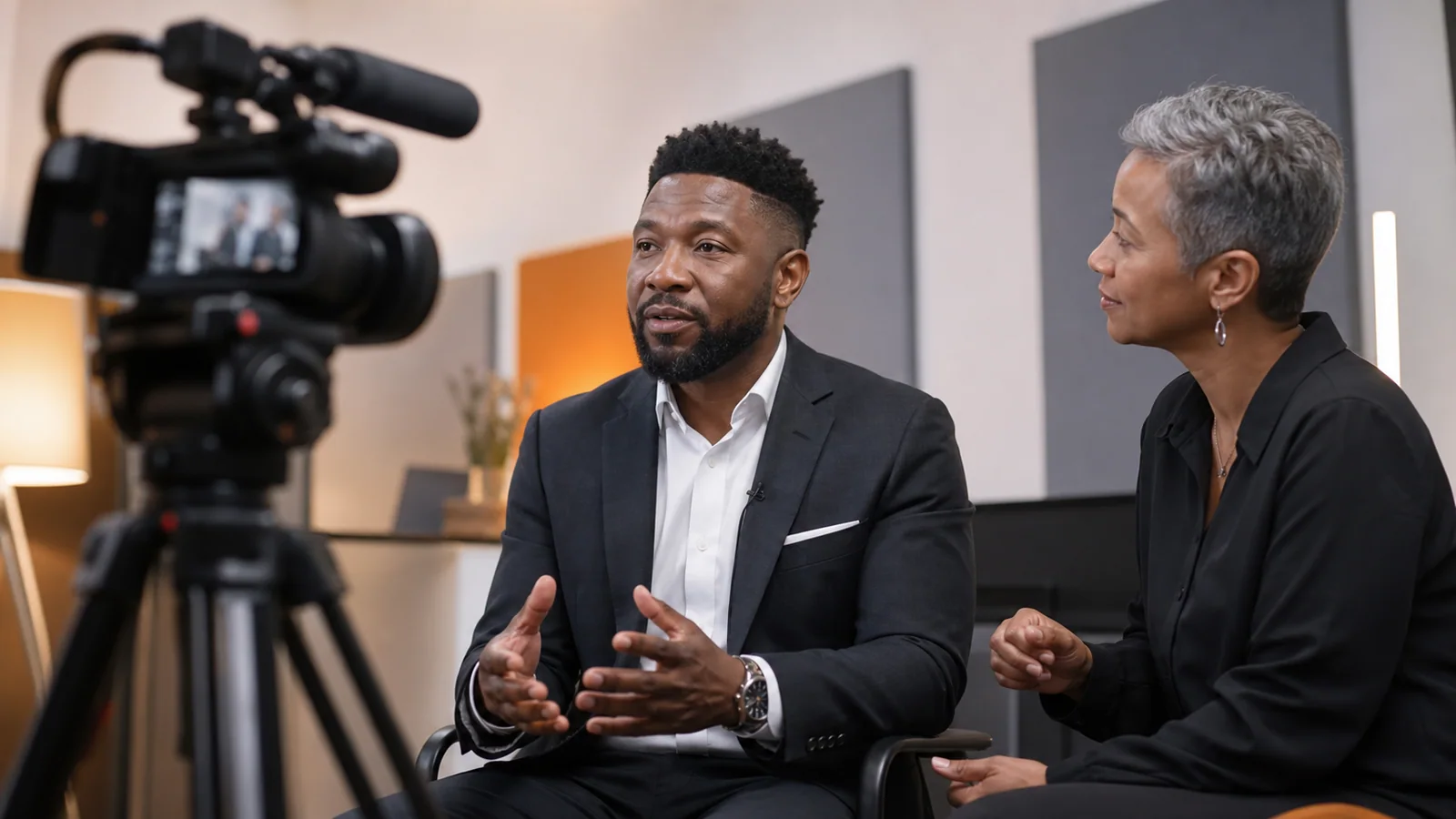 South African executive practising an on-camera interview with an experienced media coach