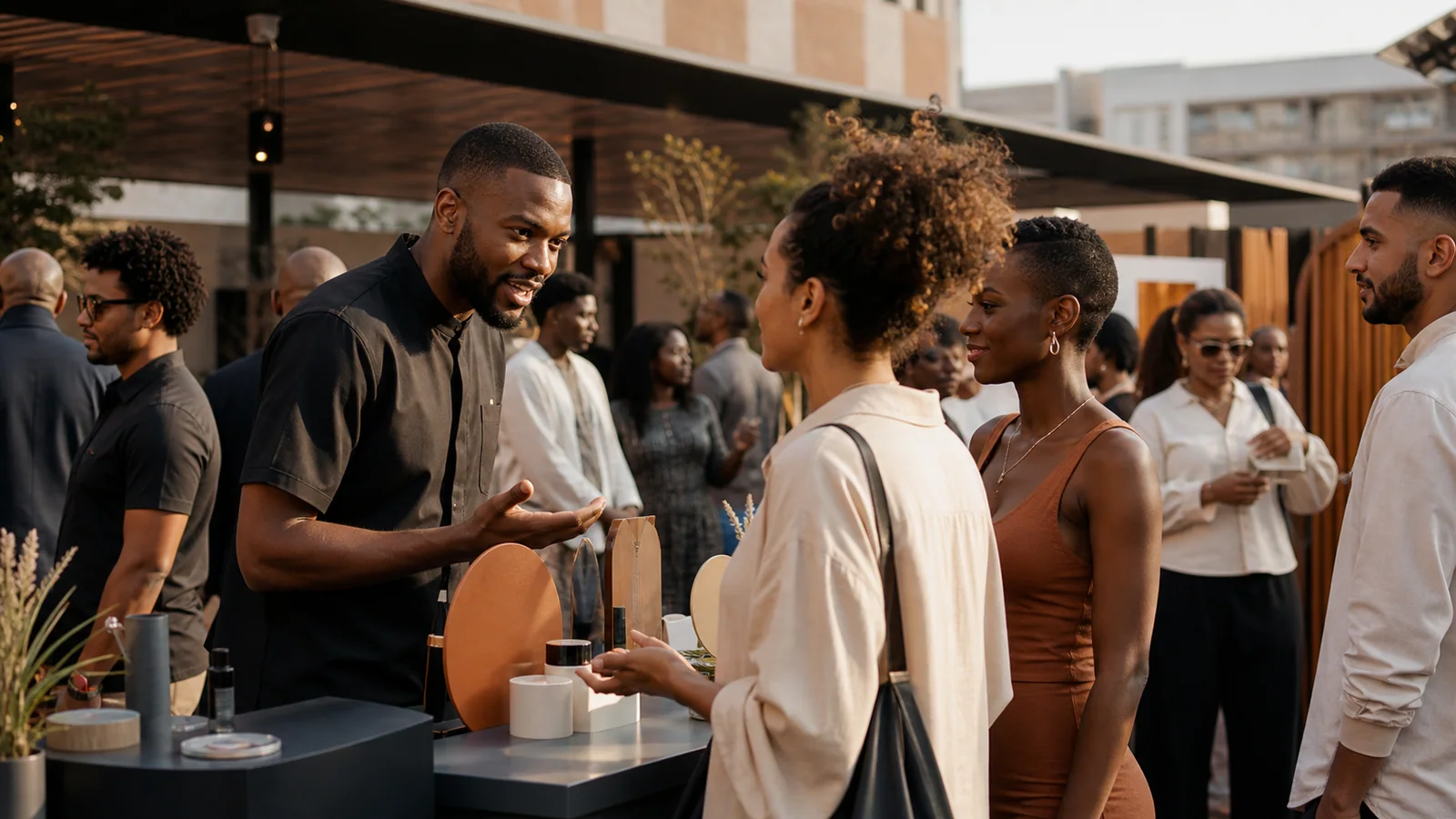 South African brand ambassador engaging visitors during a sophisticated public activation